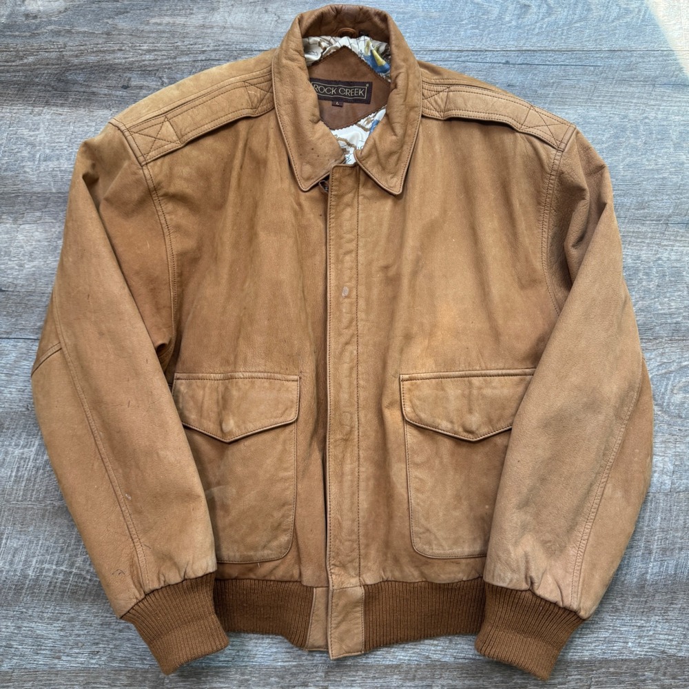 Vintage Leather Bomber Aviator Jacket Tan Map Lining Size Large Distressed 90's